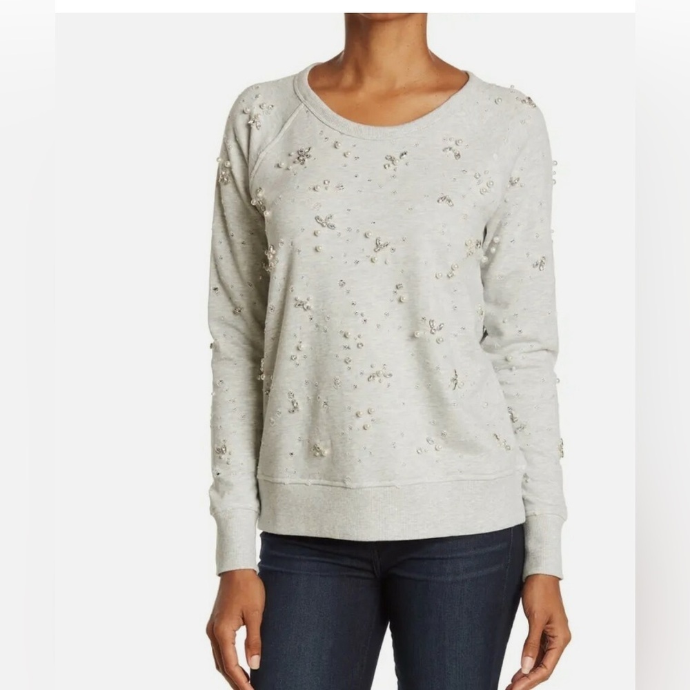 Incashmere embellished distressed beads rhinestone sweatshirt gray L